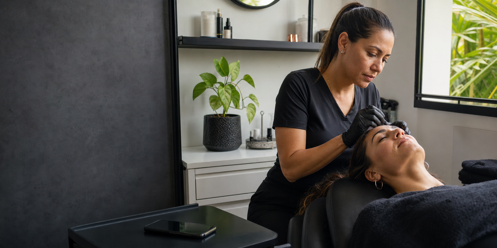 Profesional de estetica atendiendo a una clienta en su espacio de trabajo